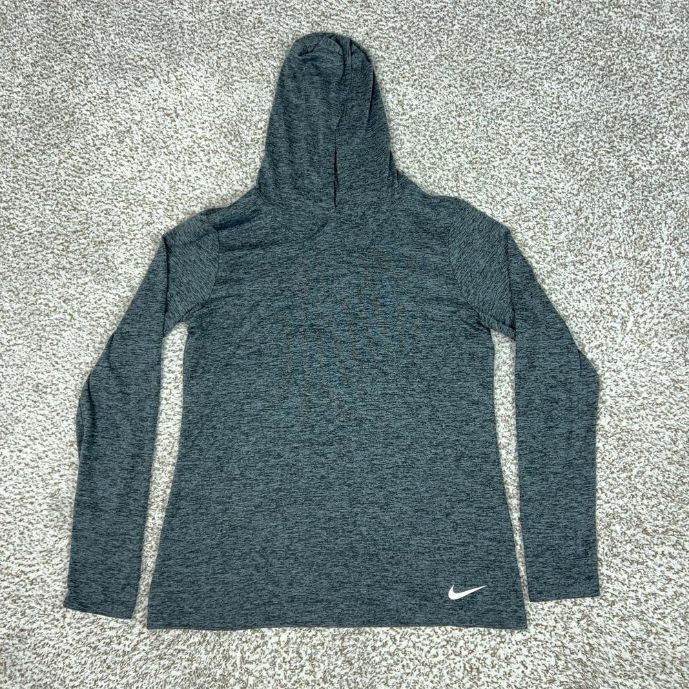 Nike Shirt Womens Medium Gray Dri-FIT Hooded Long Sleeve Running Gym Top Workout